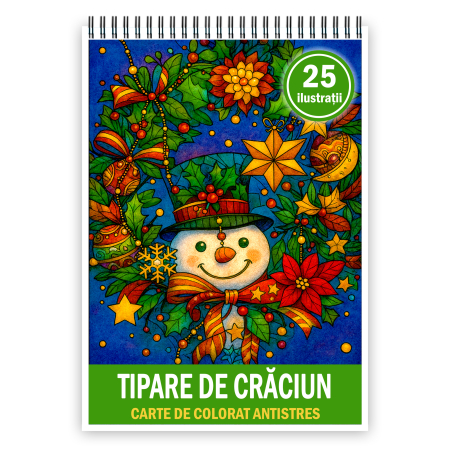 Carti de colorat antistres pentru adulti - Carte de colorat pentru copii , 25 de ilustratii Tipare de Craciun, 56 pagini