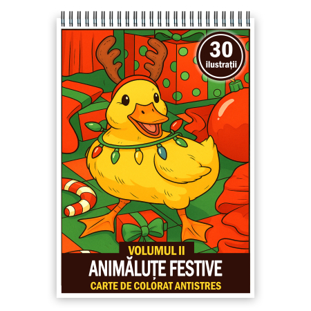 Carti de colorat de Craciun - Carte de colorat pentru copii , 30 de ilustratii Animalute Festive - Volumul II, 66 pagini