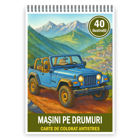 Carti de colorat antistres pentru adulti - Carte de colorat pentru copii , 40 de ilustratii Masini pe Drumuri, 86 pagini