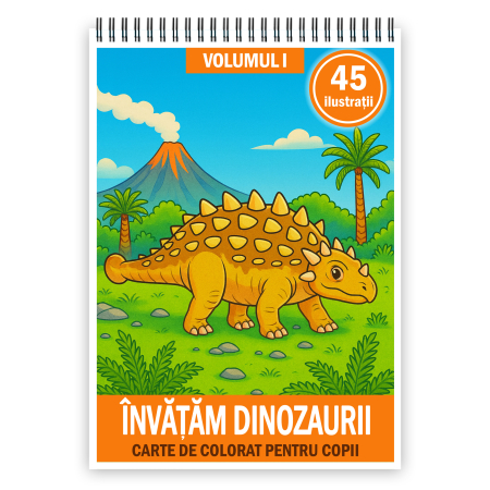 Carti de colorat antistres pentru adulti - Carte de colorat pentru copii , 45 de ilustratii Invatam Dinozaurii - Volumul I, 96 pagini