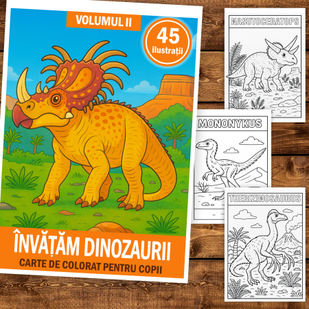 Carte de colorat pentru copii , 45 de ilustratii Invatam Dinozaurii - Volumul II, 96 pagini [1]