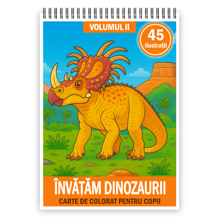 Carti de colorat antistres pentru adulti - Carte de colorat pentru copii , 45 de ilustratii Invatam Dinozaurii - Volumul II, 96 pagini