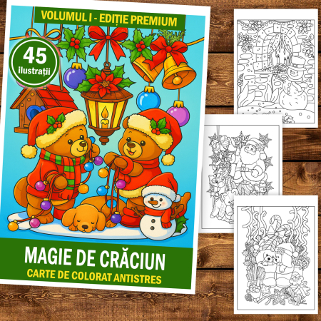 Carte de colorat pentru copii , 45 de ilustratii Magie de Craciun - Volumul I - Editie Premium, 96 pagini [1]