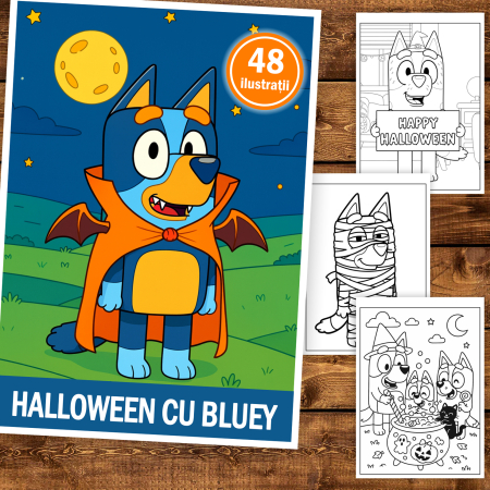 Carte de colorat pentru copii, 48 de ilustratii Halloween cu Bluey, 102 pagini [1]