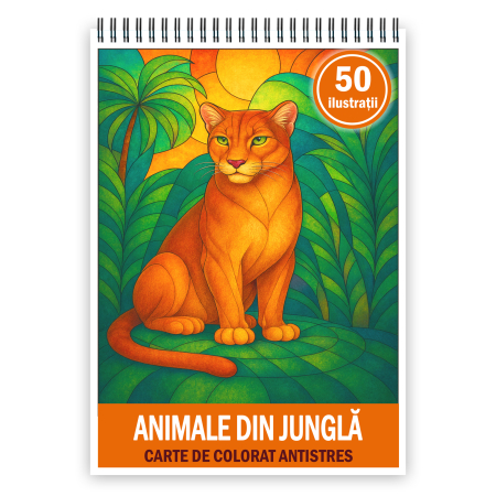 Carti de colorat cu mandale de animale - Carte de colorat pentru copii , 50 de ilustratii Animale din Jungla, 106 pagini