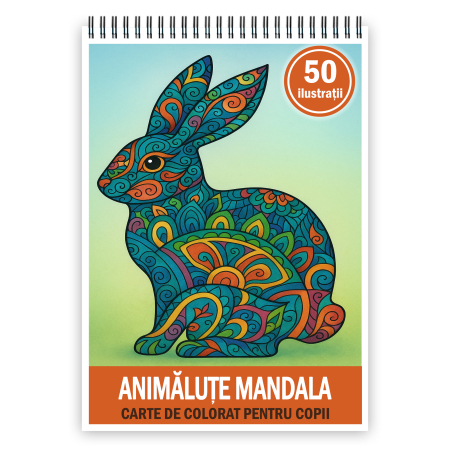 Carti de colorat antistres pentru adulti - Carte de colorat pentru copii , 50 de ilustratii Animalute Mandala, 106 pagini