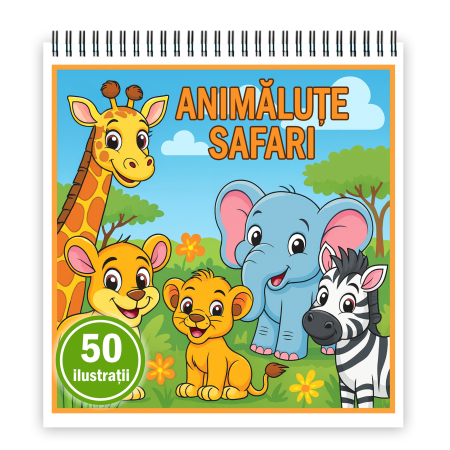 Carti de colorat antistres pentru adulti - Carte de colorat pentru copii , 50 de ilustratii Animalute Safari, 106 pagini