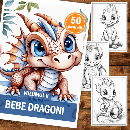 Carte de colorat pentru copii, 50 de ilustratii, Bebe dragoni - Volumul II, 106 pagini [1]