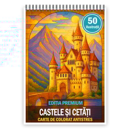 Carti de colorat antistres pentru adulti - Carte de colorat pentru copii , 50 de ilustratii Castele si Cetati - Editia Premium, 106 pagini