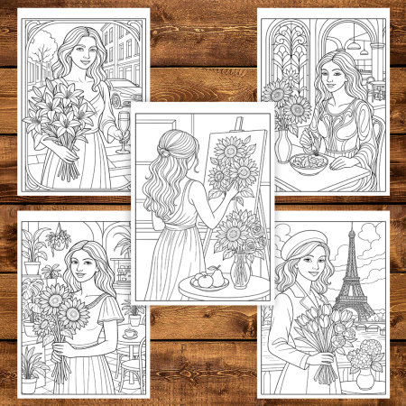 Carte de colorat pentru copii , 50 de ilustratii Fete cu flori, 106 pagini [4]