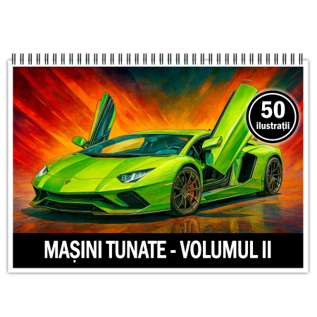Carti de colorat antistres pentru adulti - Carte de colorat pentru copii , 50 de ilustratii Masini Tunate - Volumul II, 106 pagini
