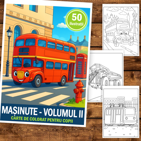 Carte de colorat pentru copii, 50 de ilustratii Masinute - Volumul II, 106 pagini [1]
