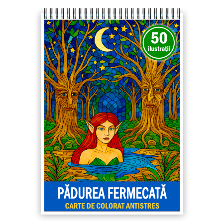 Carti de colorat antistres pentru adulti - Carte de colorat pentru copii , 50 de ilustratii Padurea Fermecata, 106 pagini