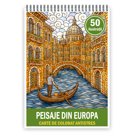 Carti de colorat antistres pentru adulti - Carte de colorat pentru copii , 50 de ilustratii Peisaje din Europa, 106 pagini