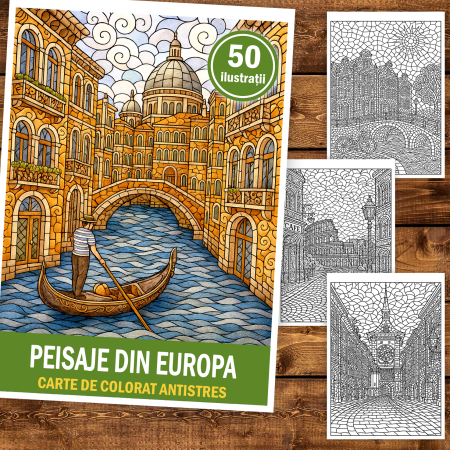 Carte de colorat pentru copii , 50 de ilustratii Peisaje din Europa, 106 pagini [1]