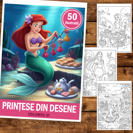 Carte de colorat pentru copii, 50 de ilustratii Printese din Desene - Volumul VI, 106 pagini [1]