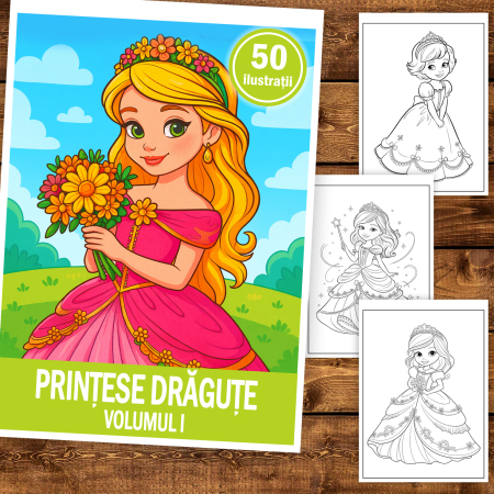 Carte de colorat pentru copii , 50 de ilustratii Printese Dragute - Volumul I, 106 pagini [1]