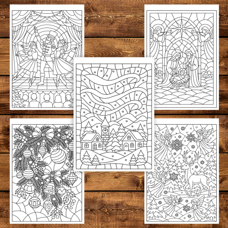 Carte de colorat pentru copii , 50 de ilustratii Vitralii de Craciun, 106 pagini [4]