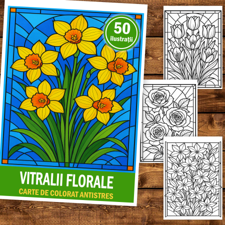Carte de colorat pentru copii , 50 de ilustratii Vitralii Florale, 106 pagini [1]