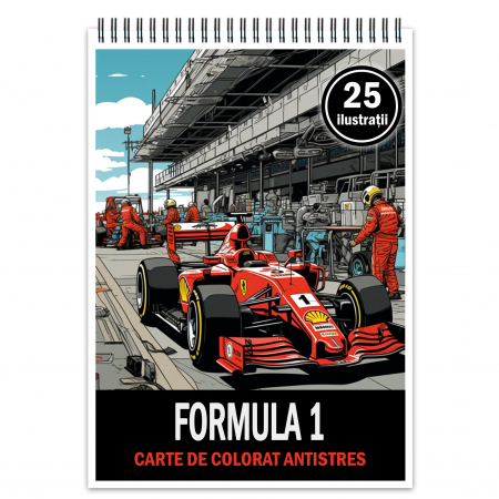 Carti de colorat cu masini si vehicule - Carte de colorat pentru relaxare si antistres, 25 de ilustratii, Formula 1, 56 pagini
