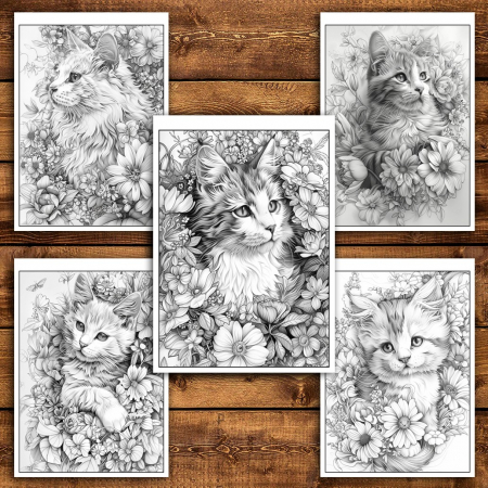 Carte de colorat pentru relaxare si antistres, 25 de ilustratii, Pisici cu flori, 56 pagini [3]