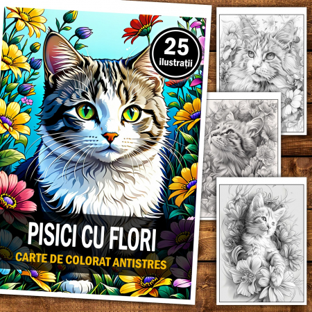 Carte de colorat pentru relaxare si antistres, 25 de ilustratii, Pisici cu flori, 56 pagini [1]