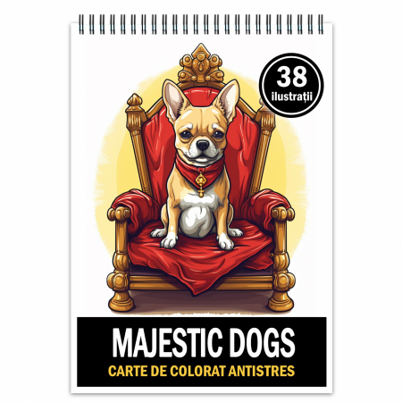 Carti de colorat antistres pentru adulti - Carte de colorat pentru relaxare si antistres, 38 de ilustratii, Majestic Dogs, 82 pagini
