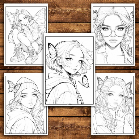 Carte de colorat pentru relaxare si antistres, 40 de ilustratii, Anime Butterfly Girls, 86 pagini [5]