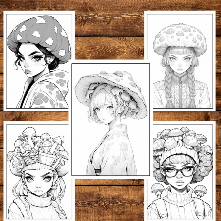 Carte de colorat pentru relaxare si antistres, 40 de ilustratii, Anime Mushroom Girls, 86 pagini [4]