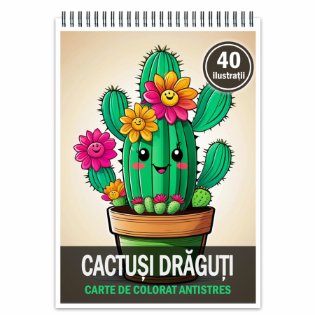 Carti de colorat antistres pentru adulti - Carte de colorat pentru relaxare si antistres, 40 de ilustratii, Cactusi Draguti, 96 pagini
