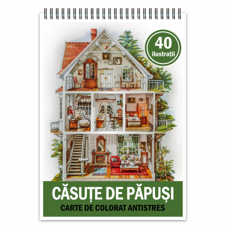 Carti de colorat cu cladiri si casute - Carte de colorat pentru relaxare si antistres, 40 de ilustratii, Casute de papusi, 86 pagini