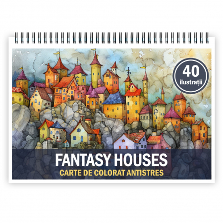 Carti de colorat cu cladiri si casute - Carte de colorat pentru relaxare si antistres, 40 de ilustratii, Fantasy Houses, 86 pagini