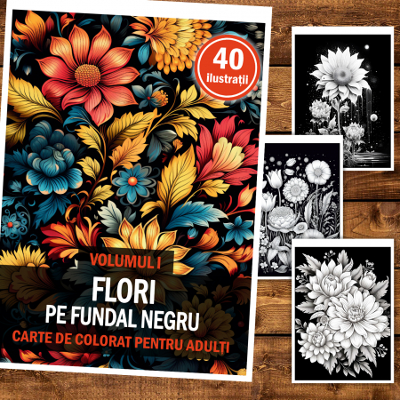 Carte de colorat pentru relaxare si antistres, 40 de ilustratii, Flori pe fundal negru - Volumul I, 86 pagini [1]