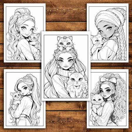 Carte de colorat pentru relaxare si antistres, 40 de ilustratii, Girls with Cats, 106 pagini [4]