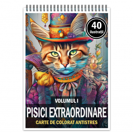 Carti de colorat cu Animale - Carte de colorat pentru relaxare si antistres, 40 de ilustratii, Pisici Extraordinare - Volumul I, 86 pagini