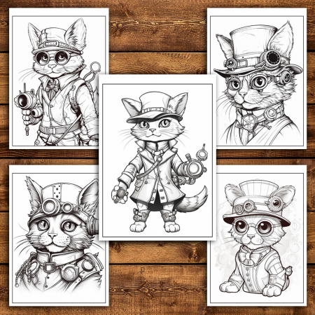 Carte de colorat pentru relaxare si antistres, 40 de ilustratii, Pisici Steampunk, 86 pagini [4]