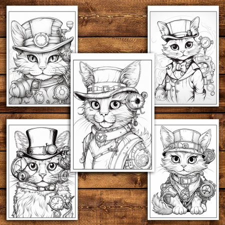 Carte de colorat pentru relaxare si antistres, 40 de ilustratii, Pisici Steampunk, 86 pagini [3]