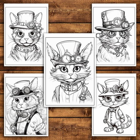 Carte de colorat pentru relaxare si antistres, 40 de ilustratii, Pisici Steampunk, 86 pagini [5]