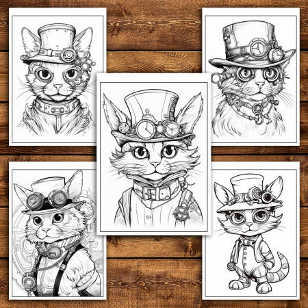 Carte de colorat pentru relaxare si antistres, 40 de ilustratii, Pisici Steampunk, 86 pagini [5]