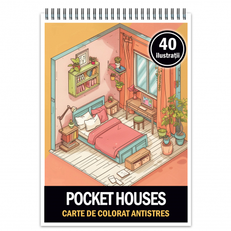 Carti de colorat cu cladiri si casute - Carte de colorat pentru relaxare si antistres, 40 de ilustratii, Pocket House, 86 pagini
