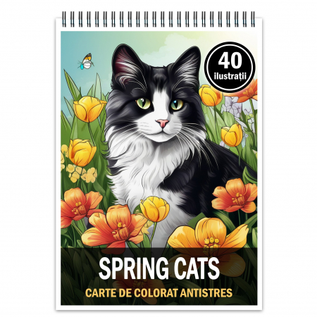 Carti de colorat cu Animale - Carte de colorat pentru relaxare si antistres, 40 de ilustratii, Spring Cats, 86 pagini