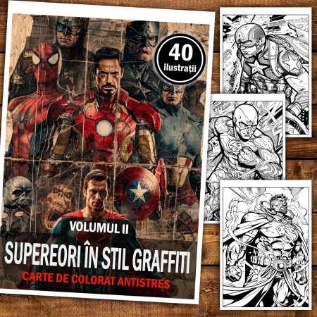 Carte de colorat pentru relaxare si antistres, 40 de ilustratii, Supereroi in stil graffiti - Volumul II, 86 pagini [1]