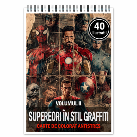 Carti de colorat antistres pentru adulti - Carte de colorat pentru relaxare si antistres, 40 de ilustratii, Supereroi in stil graffiti - Volumul II, 86 pagini