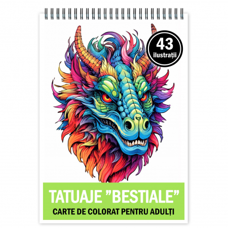 Diverse carti de colorat - Carte de colorat pentru relaxare si antistres, 43 de ilustratii, Tatuaje Bestiale, 92 pagini