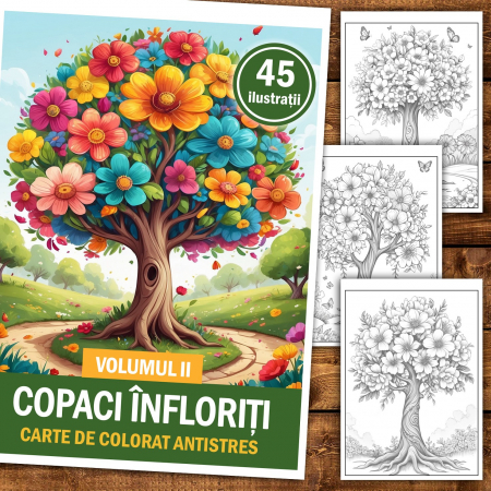 Carte de colorat pentru relaxare si antistres, 45 de ilustratii, Copaci Infloriti - Volumul II, 96 pagini [1]