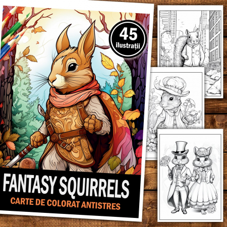 Carte de colorat pentru relaxare si antistres, 45 de ilustratii, Fantasy Squirrels 96 pagini [1]