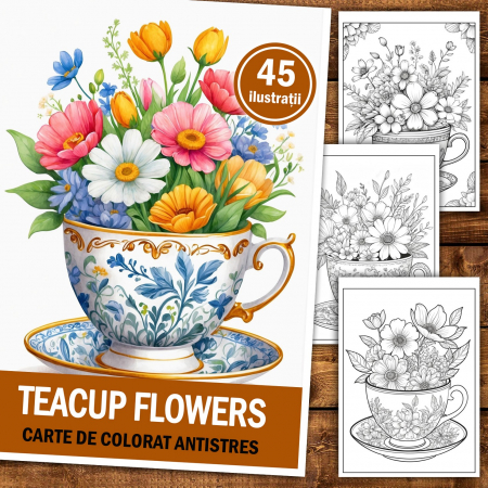 Carte de colorat pentru relaxare si antistres, 45 de ilustratii, Teacup Flowers, 96 pagini [1]