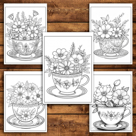 Carte de colorat pentru relaxare si antistres, 45 de ilustratii, Teacup Flowers, 96 pagini [4]
