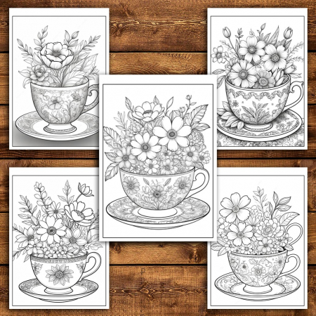 Carte de colorat pentru relaxare si antistres, 45 de ilustratii, Teacup Flowers, 96 pagini [3]
