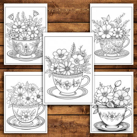 Carte de colorat pentru relaxare si antistres, 45 de ilustratii, Teacup Flowers, 96 pagini [4]